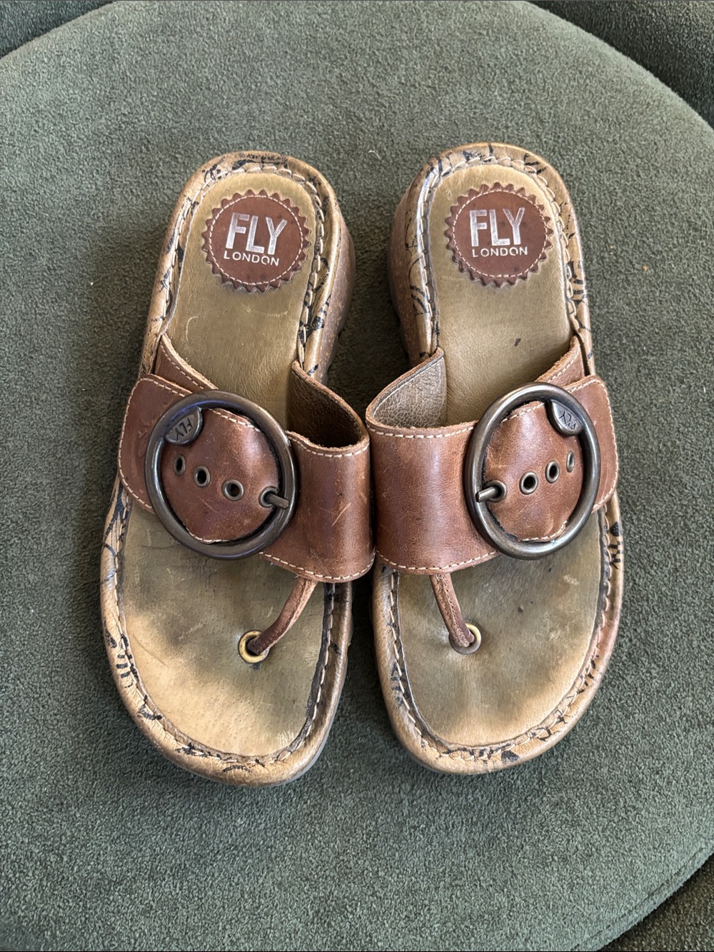 FLY London Brown Leather Big Buckle Sandals